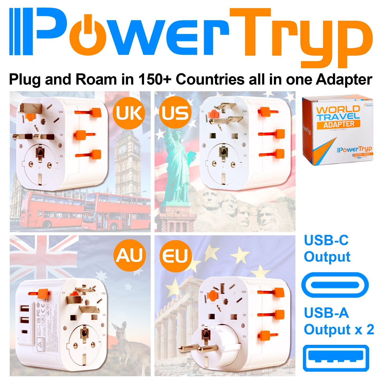 International All In One Travel Plug Adaptor with USB C & USB A Charging Ports